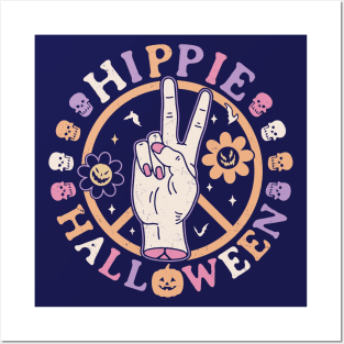 Hippie Halloween Pumpkin Retro Groovy Flower Peace Sign Posters and Art